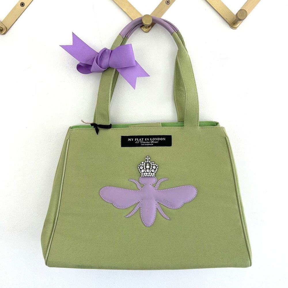 My Flat in London Handbag Queen Bee Green Purple Canvas Rhinestone Crown